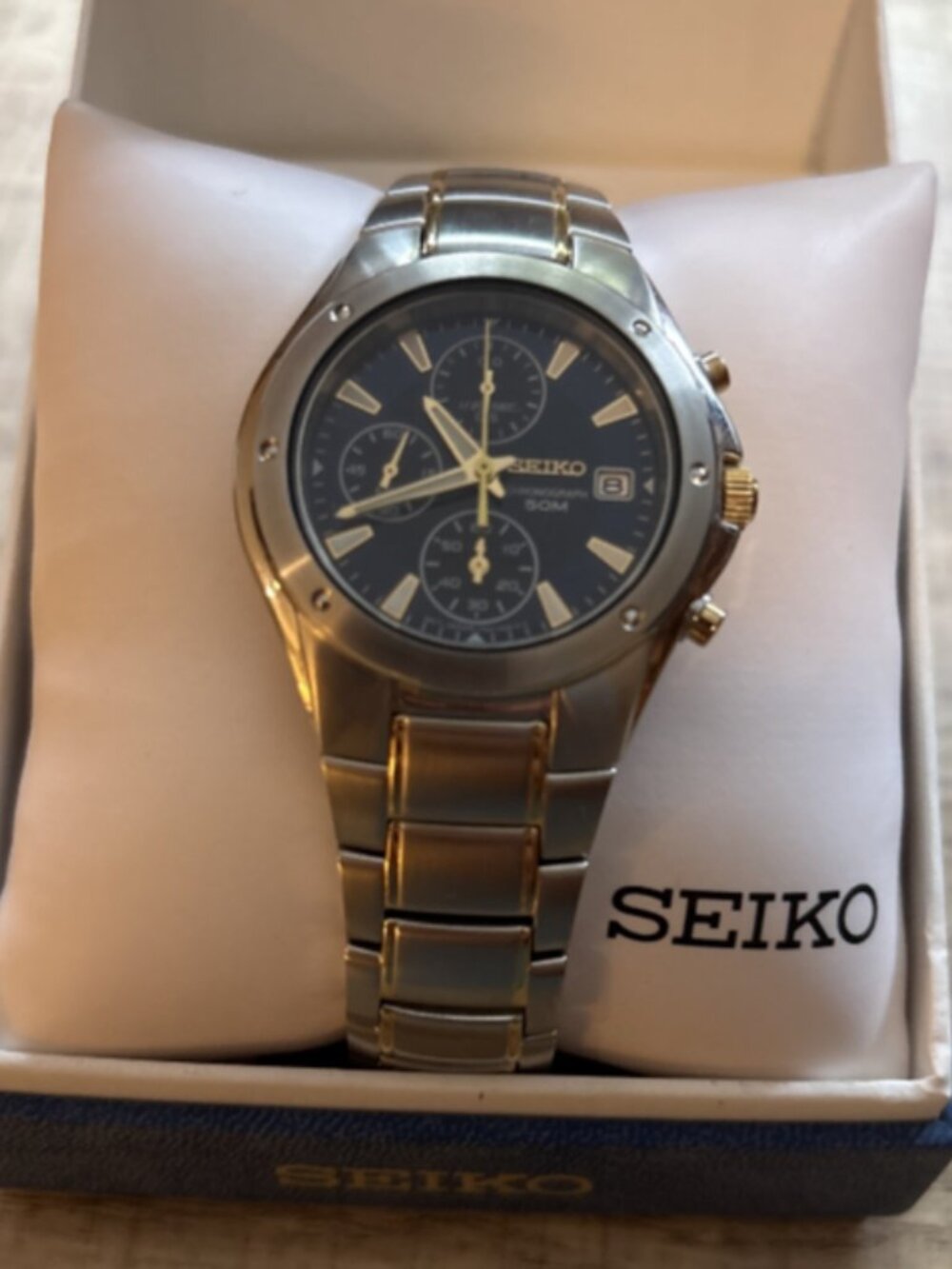 NEW* SEIKO TWO-TONE 7T92-OFXO  CHRONOGRAPH BLUE DIAL WATCH - Read Bio